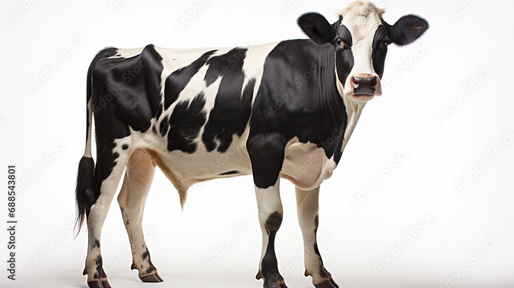 Cow isolated on white background. Cow isolated on white, standing upright black white. generative ai
