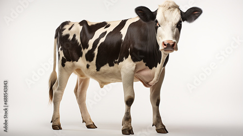 Cow isolated on white background. Cow isolated on white, standing upright black white. generative ai