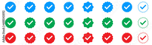 Verified badge profile set. Instagram verified badge. Social media account verification icons. Blue check mark icon. Profile verified badge. Guaranteed signs. Vector photo