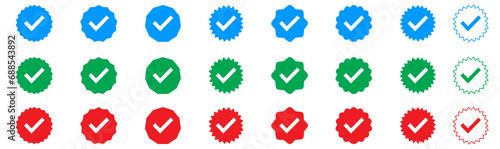 Verified badge profile set. Instagram verified badge. Social media account verification icons. Blue check mark icon. Profile verified badge. Guaranteed signs. Vector