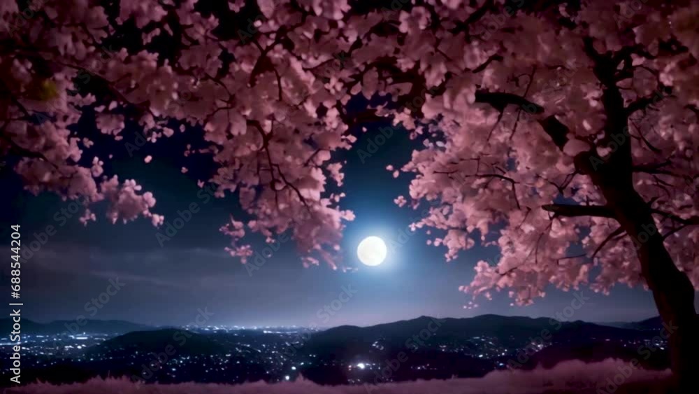 Magical and relaxing moonlight night animation, cherry blossom and glowing moon, Generative AI. Magical and relaxing moonlight night animation, cherry blossom and glowing moon, Generative AI.