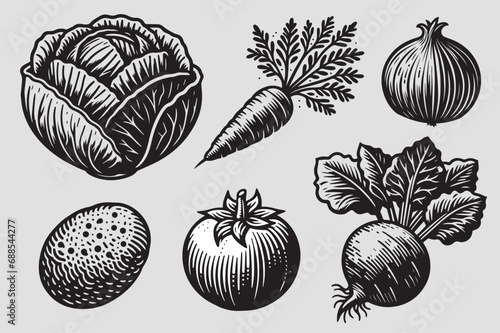 Engraving black vintage vegetable set on a white background: Cabbage, beet, onion, carrot, potatoes, tomato. For borscht	