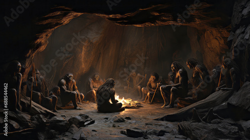 neanderthal cavemen around a fire in a cave photo