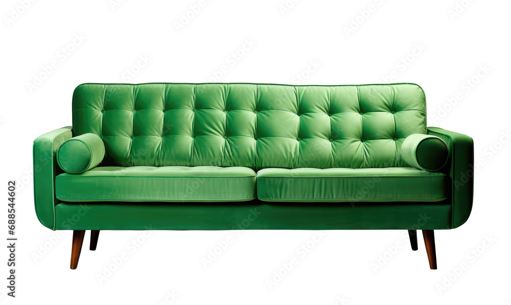 An elegant green sofa with classic tufting and wooden legs in a transparent backdrop. An elegant green sofa with classic tufting and wooden legs in a transparent backdrop.
