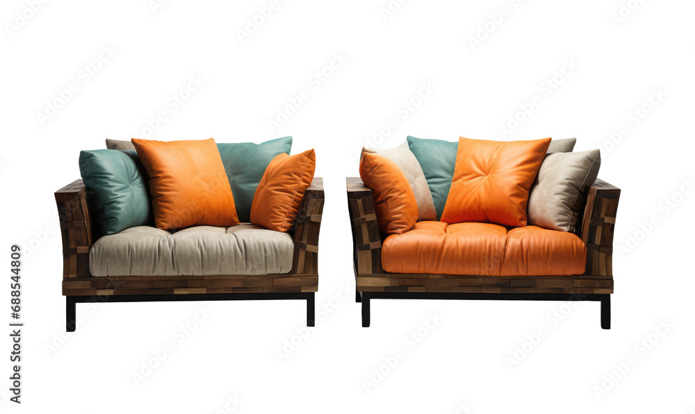 Fototapeta premium Stylish two-tone sofas with vibrant orange and teal cushions on transparent background.