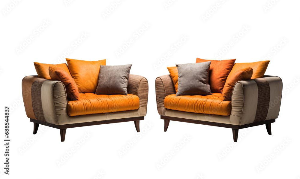 Fototapeta premium Two matching orange sofas with orange cushions on a clean, transparent background.