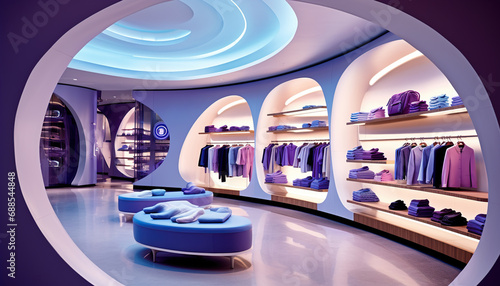 Futuristic interior design of modern clothing store photo
