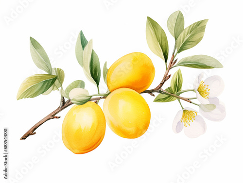 Mirabelle plum (Prunus domestica) with leaves and Blooming Flowers.  Watercolour Illustration of Yellow Mirabelle Plum Branch Isolated on White.