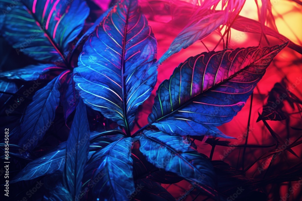 Fototapeta premium Bright neon tropical plants, Leaves in purple, pink, and blue tones, Cyberpunk-style ficus.