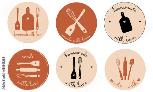 Home kitchen logo design. Bakery shop logo. Set of tools for making cakes, cookies and pastries.Vector illustration for menu, recipe book, baking shop, cafe. Made with love