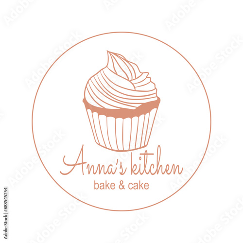 Cake And Cookies Logo. Baking logo design. Cupcake illustration  in trendy sketch linear style. Cupcake shop  Home Bakery.