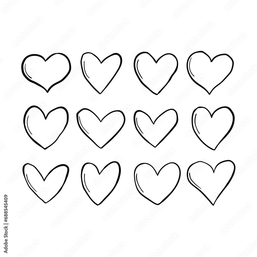 A hand-drawn doodle set of hearts on a white background.