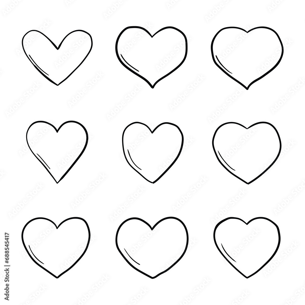 A hand-drawn doodle set of hearts on a white background.