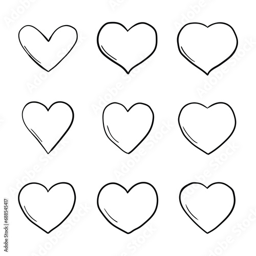 A hand-drawn doodle set of hearts on a white background.