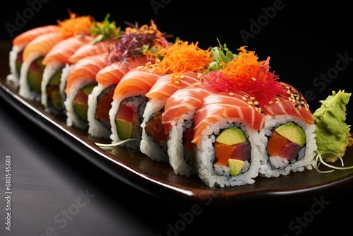 A Long Row of Sushi on a Black Plate