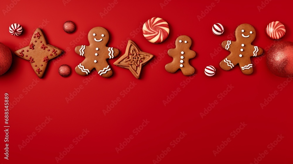 Group of Gingerbread Cookies and Christmas Decorations on Red Background