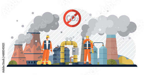 Carbon dioxide vector illustration. Gas emissions and environmental contamination are interlinked challenges Eco initiatives aim to mitigate impact carbon dioxide on climate health