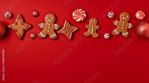 Group of Gingerbread Cookies and Christmas Decorations on Red Background