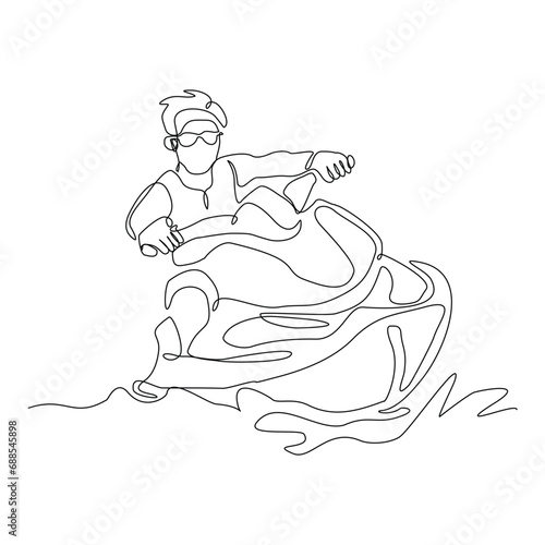 Continuous single line sketch drawing of man riding jet ski power boat on splash wave. One line art of water sport outdoor summer fun holiday activity vector illustration