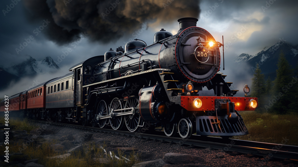 Fototapeta premium The Massive Steam Locomotive Belches Smoke And Steam As It Chugs Down The Tracks Its Steel Wheels Screeching Against The Rails Background