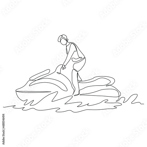 Continuous single line sketch drawing of man riding jet ski power boat on splash wave. One line art of water sport outdoor summer fun holiday activity vector illustration