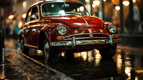 Cute Retro Car Sits A Metro City Street With Lights Blurry Background