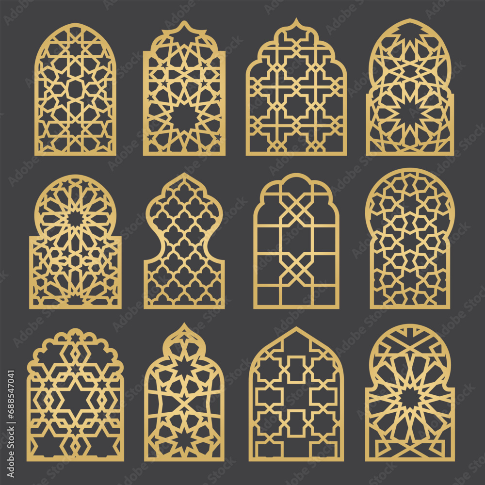 Arabic arches silhouette bundle. Arabian ornament. Digital clipart. Ai, EPS, JPG, PNG transparent. Doors and windows decor. Instant Download - obrazy, fototapety, plakaty 