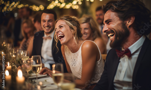 Happy people celebrating wedding party after bride photo