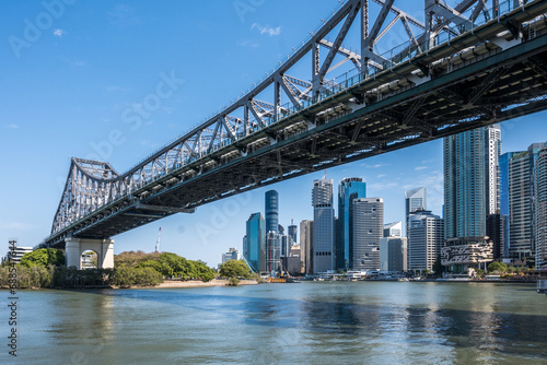 Brisbane skyline shot from the river under Story Bridge. © Danica Chang