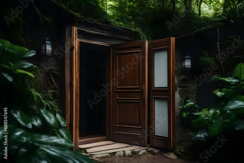 The wooden door opens,  a new world surrounded by greenery. idea of climate change. day idea. from darkness to light.