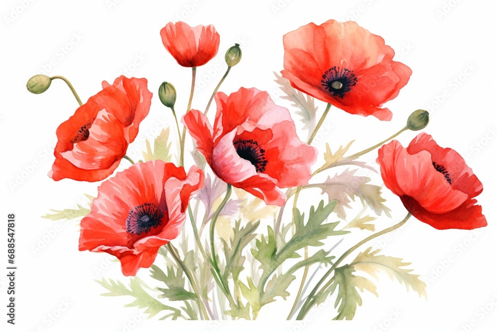 Naklejka premium Hand-Drawn Watercolor Red Poppies Bouquet