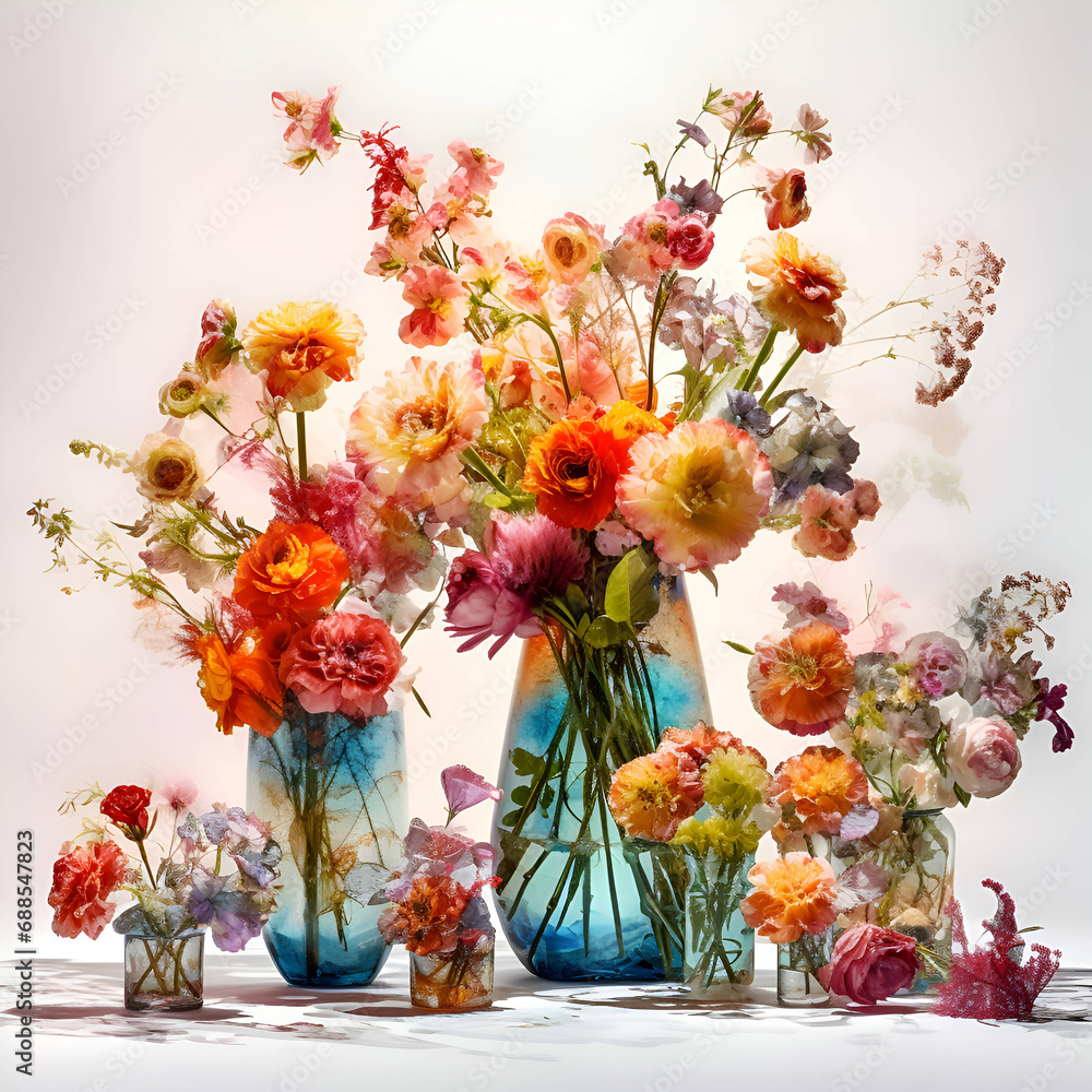 Still life with colorful flowers in vases on a white background.