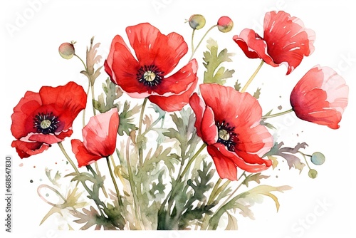 Hand-Drawn Watercolor Red Poppies Bouquet