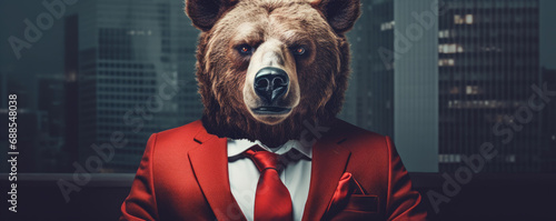 Bussiness man like Bear dressed in an elegant red suit. Bear market theme.