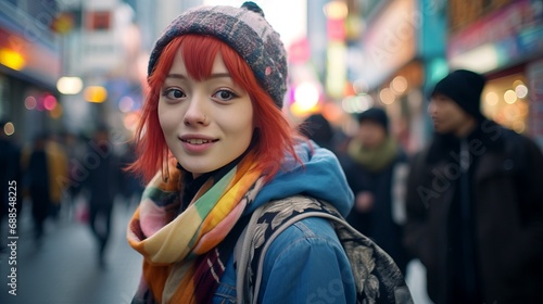 A Stylish Woman with Red Hair Wearing a Scarf and Beanie