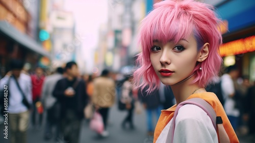 A Stylish Woman with Pink Hair and a Backpack in the Hustle and Bustle of the City