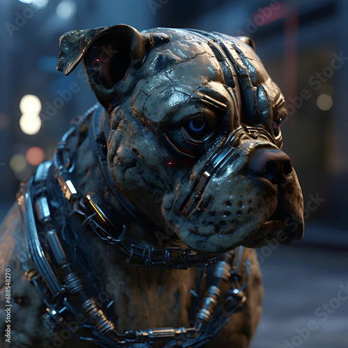 Cute boxer dog in the night city. 3d rendering.