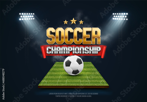 Football championship with green field and ball. Banner or poster for soccer tournament. Vector illustration.