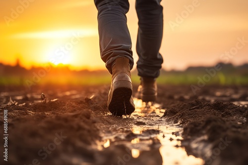 Farmer's Silhouette Walking in Field at Sunset in Rubber Boots