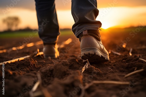 Farmer's Silhouette Walking in Field at Sunset in Rubber Boots