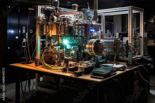  An image showing an experimental setup in a laboratory designed to observe quantum tunneling, with various scientific instruments and screens displaying the intriguing results