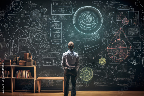  An image of a physicist deeply engrossed in solving a complex quantum mechanics equation, with a chalkboard filled with intricate equations and diagrams related to quantum theory photo