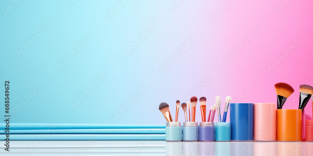 Makeup tools border design around blank space in 
colourful tones background. Flat lay composition of beauty products, brushes, color palettes and copy space banner.