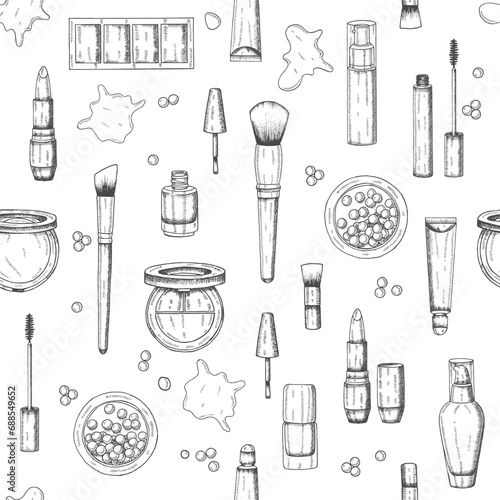 Hand drawn make up seamless pattern.Engraving cosmetics.