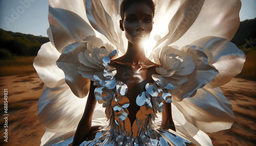 An African American female model is dressed in a creative flower dress. 
