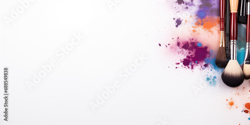 Makeup tools border design around blank space in 
white background. Flat lay composition of beauty products, brushes, color palettes and copy space banner. photo