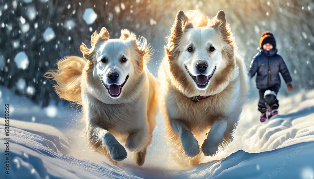 Obraz na płótnie Psy biegnące przez śnieżne zaspy w salonie