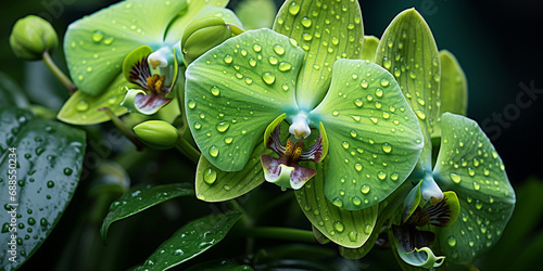 water drops on green leaf, green orchid fower  photo