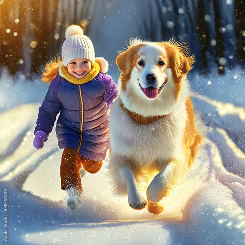 Dziewczynka goniąca uciekającego przez śnieżne zaspy psa