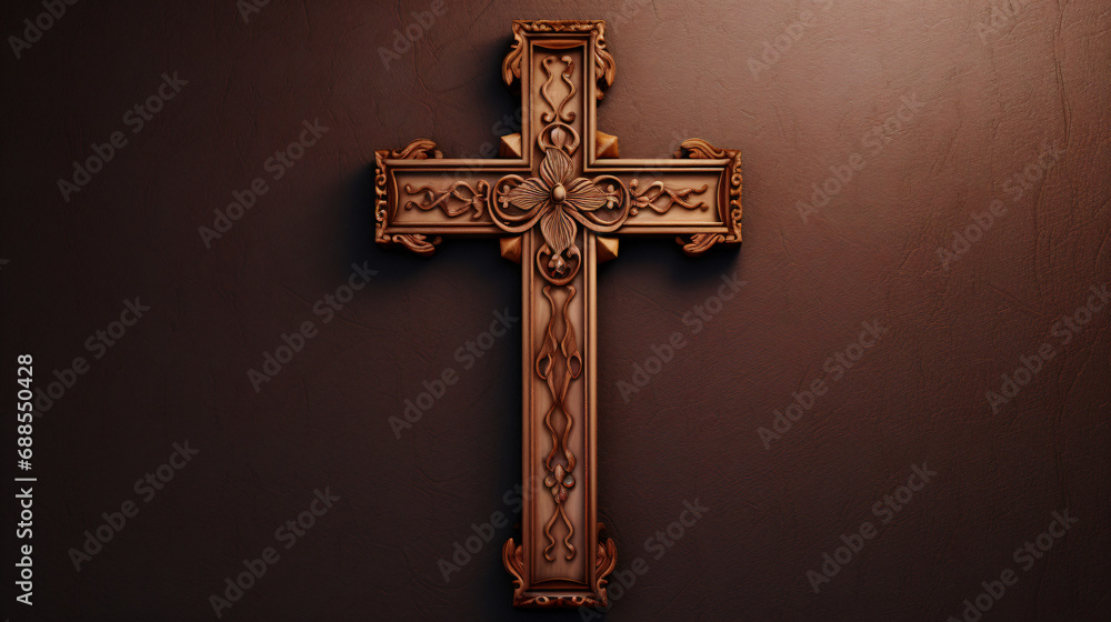 Wooden Christian cross on desk background